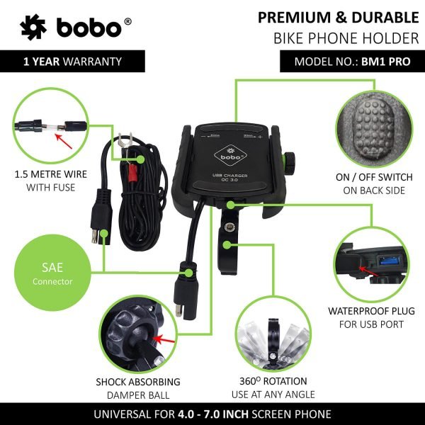 BOBO BM1 PRO Jaw-Grip Bike Phone Holder (with fast USB 3.0 charger, SAE connector & Fast USB Cable) Motorcycle Mobile Mount - Image 2