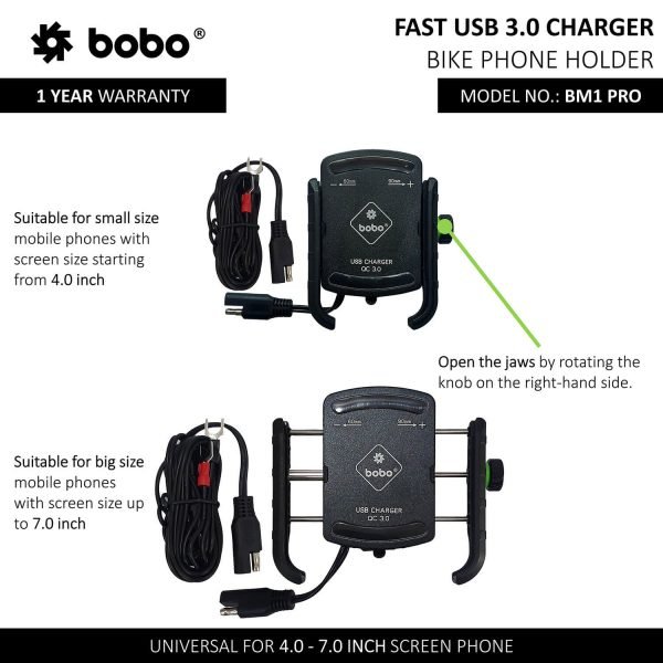 BOBO BM1 PRO Jaw-Grip Bike Phone Holder (with fast USB 3.0 charger, SAE connector & Fast USB Cable) Motorcycle Mobile Mount - Image 3