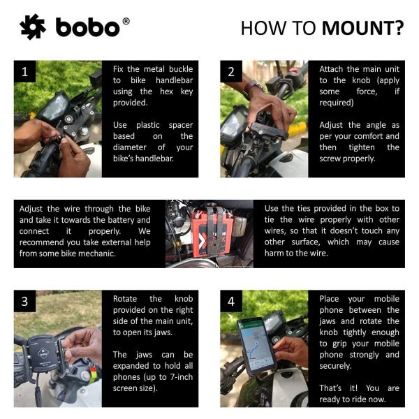 BOBO BM1 PRO Jaw-Grip Bike Phone Holder (with fast USB 3.0 charger, SAE connector & Fast USB Cable) Motorcycle Mobile Mount - Image 5
