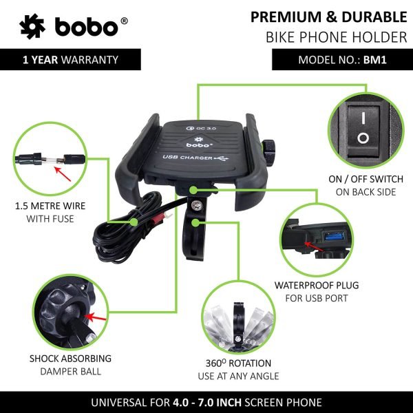 BOBO BM1 Jaw-Grip Bike Phone Holder (with fast USB 3.0 charger) Motorcycle Mobile Mount - Image 2