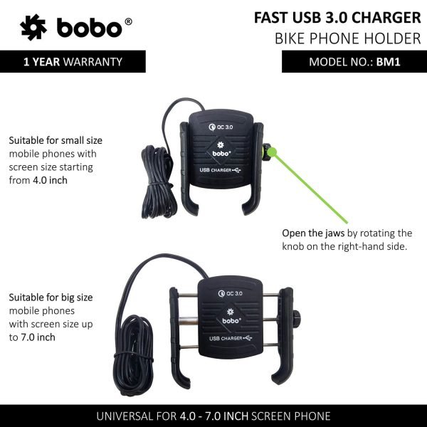 BOBO BM1 Jaw-Grip Bike Phone Holder (with fast USB 3.0 charger) Motorcycle Mobile Mount - Image 3
