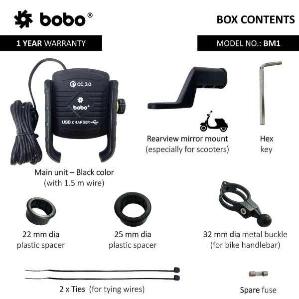 BOBO BM1 Jaw-Grip Bike Phone Holder (with fast USB 3.0 charger) Motorcycle Mobile Mount - Image 6