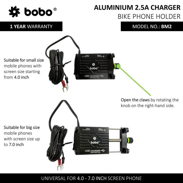BOBO BM2 Claw-Grip Aluminium Bike Phone Holder (with 2.5A USB charger) Motorcycle Mobile Mount - Image 3
