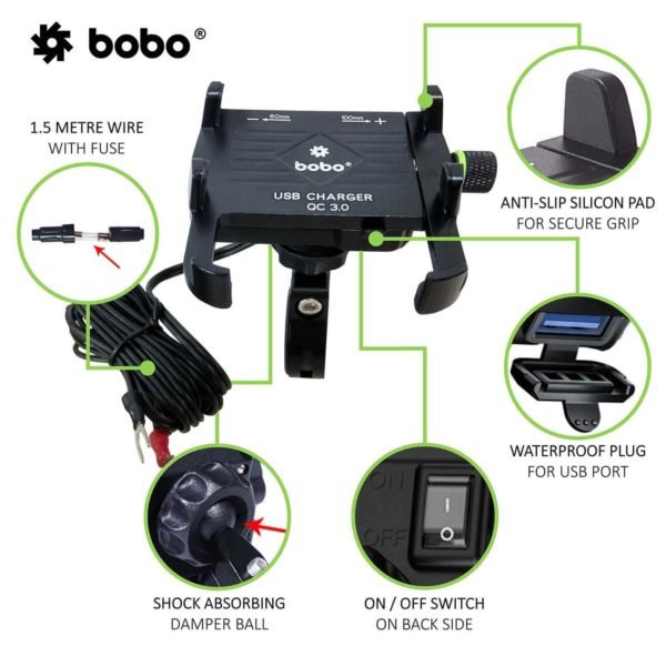 BOBO BM5 Claw-Grip Aluminium Bike Phone Holder (With Fast USB 3.0 Charger) Motorcycle Mobile Mount - Image 2