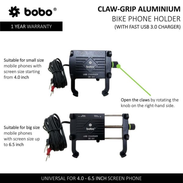 BOBO BM5 Claw-Grip Aluminium Bike Phone Holder (With Fast USB 3.0 Charger) Motorcycle Mobile Mount - Image 3