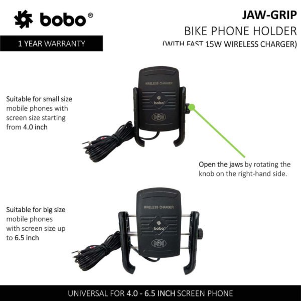 BOBO BM6 Jaw-Grip Bike Phone Holder (with Fast 15W Wireless Charger) Motorcycle Mobile Mount - Image 3