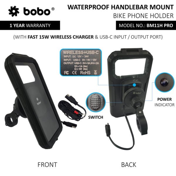 BOBO BM11H PRO Fully Waterproof Bike Phone Holder with Vibration Controller (with Fast 15W Wireless Charger & USB-C Input/Output Port) Motorcycle Mobile Mount - Image 2