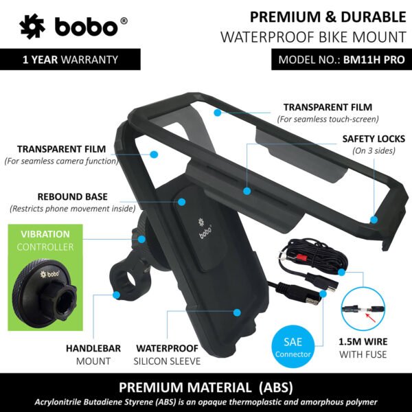 BOBO BM11H PRO Fully Waterproof Bike Phone Holder with Vibration Controller (with Fast 15W Wireless Charger & USB-C Input/Output Port) Motorcycle Mobile Mount - Image 3