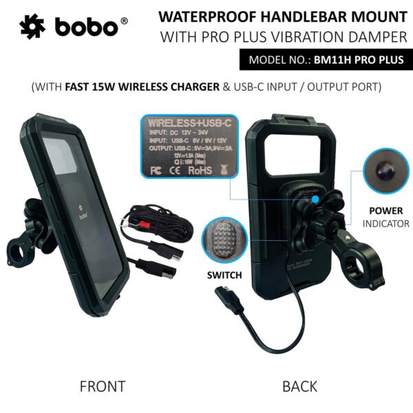 BOBO BM11H PRO PLUS Fully Waterproof Bike Phone Holder with PRO PLUS Vibration Damper (with Fast 15W Wireless Charger & USB-C Input/Output Port) Motorcycle Mobile Mount - Image 2