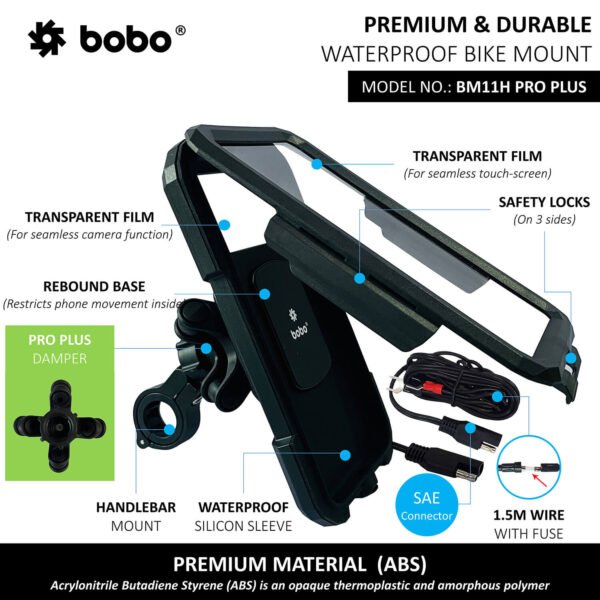 BOBO BM11H PRO PLUS Fully Waterproof Bike Phone Holder with PRO PLUS Vibration Damper (with Fast 15W Wireless Charger & USB-C Input/Output Port) Motorcycle Mobile Mount - Image 3
