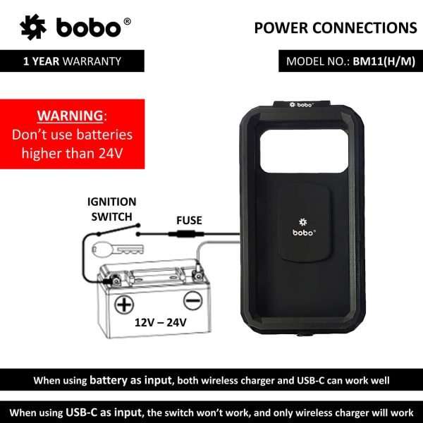 BOBO BM11 Fully Waterproof Bike Phone Holder (with Fast 15W Wireless Charger & USB-C Input/Output Port) Motorcycle Mobile Mount - Image 3