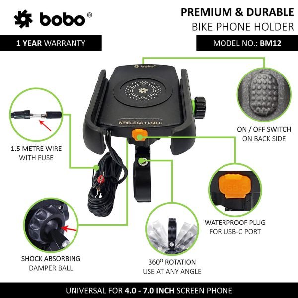 BOBO BM12 Bike Phone Holder (with Fast 15W Wireless Charger & USB-C Input/Output Port) Motorcycle Mobile Mount - Image 2