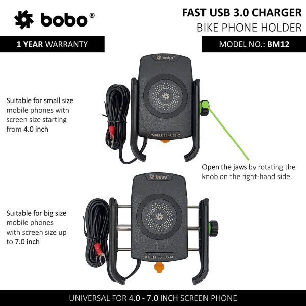 BOBO BM12 Bike Phone Holder (with Fast 15W Wireless Charger & USB-C Input/Output Port) Motorcycle Mobile Mount - Image 3