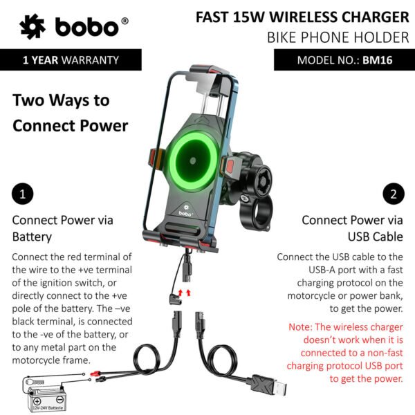 BOBO BM16 Anti-Vibration Metallic Bike Phone Holder (with Fast 15W Wireless Charger) Motorcycle Mobile Mount - Image 3