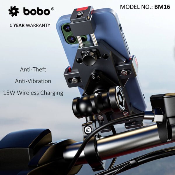 BOBO BM16 Anti-Vibration Metallic Bike Phone Holder (with Fast 15W Wireless Charger) Motorcycle Mobile Mount - Image 4