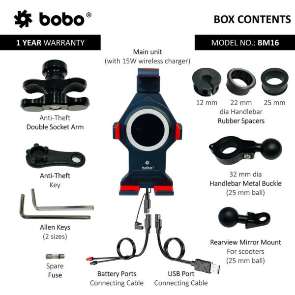 BOBO BM16 Anti-Vibration Metallic Bike Phone Holder (with Fast 15W Wireless Charger) Motorcycle Mobile Mount - Image 5