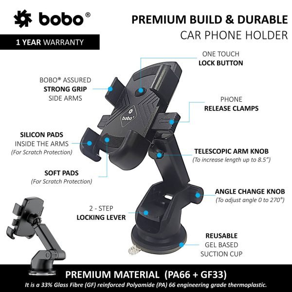 BOBO Universal Telescopic Windshield Mount Dashboard Car Phone Holder, With Reusable Gel Based Suction Cup - Image 2