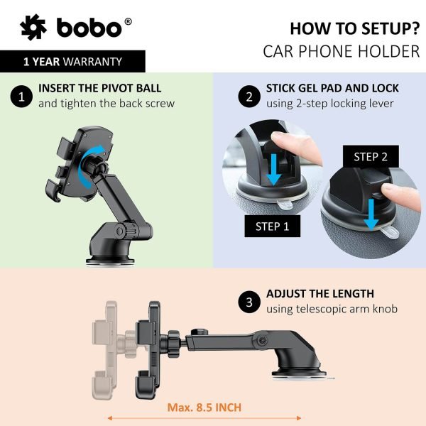 BOBO Universal Telescopic Windshield Mount Dashboard Car Phone Holder, With Reusable Gel Based Suction Cup - Image 3
