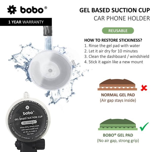 BOBO Universal Telescopic Windshield Mount Dashboard Car Phone Holder, With Reusable Gel Based Suction Cup - Image 4